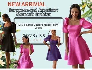 Detail of square neck and puff sleeve design on high-waist A-line summer dresses