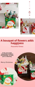 Christmas gift bag detail with Santa patterns, snowman dolls and festive ornaments