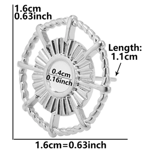 Detail showing dimensions of round stainless steel wheel-shaped stud earring with rope texture