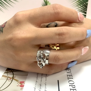 Industrial style chunky silver chain link ring with a polished stainless steel finish