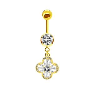 Piercing per ombelico dorato con quadrifoglio e cristalli di zircone brillanti