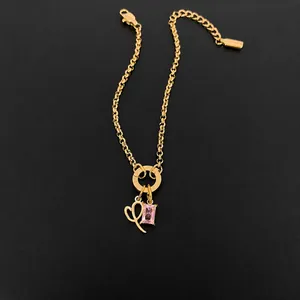 Stainless Steel 14K Gold Plated Letter Pendant Bracelet Pink Rhinestone Heart DIY Fashion Jewelry For Women