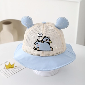 Detail of baby sun hat with breathable mesh crown and cute bear embroidery and 3D ears