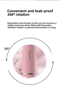 Detail of pink coffee mug featuring 360-degree leak-proof lid and extended sealing thread