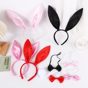 Three-piece rabbit girl costume set with plush ears, bow ties and tail for party dressing