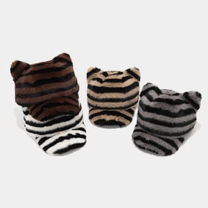 Faux fur baseball cap with cat ears and zebra stripe pattern in four color options