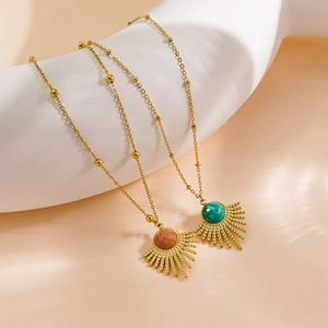 French Vintage Sunburst Pendant Necklace Stainless Steel 14K Gold Plated Natural Amazonite Sunstone Stone Bead Chain Jewelry