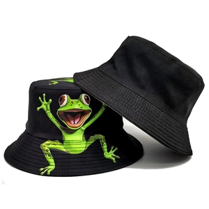 Creative black bucket hat set with green cartoon frog print for outdoor sun protection