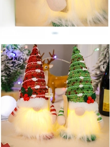 Close-up of glowing Christmas gnomes with warm LED lights and knitted hats for festive decor