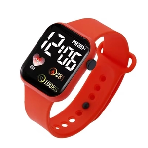 Square LED sports watch with red silicone strap showing time, heart rate and calories