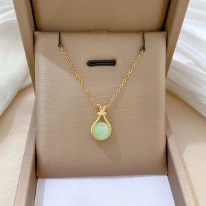 Pendant Necklace Stainless Steel Copper Green Round Jadeite Stone Rhinestone Lucky Bag Elegant Jewelry For Women