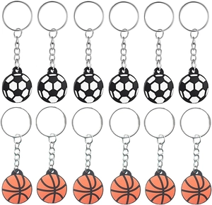 Set of 12 football and basketball keychains featuring 3D PVC ball pendants for sports fans