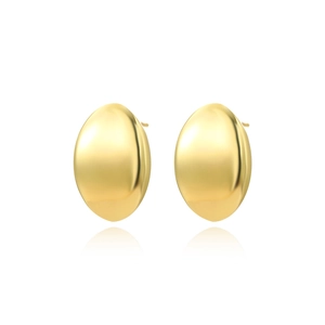 Macro detail of geometric oval stud earrings in gold with matte metallic finish and reflections