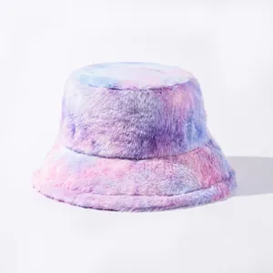 Women Men Tie Dye Faux Fur Bucket Hat Winter Warm Plush Fisherman Hat Soft Fuzzy Pan Hat Outdoor Travel Fashion Accessories