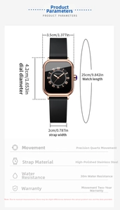 Detailed view of rose gold quartz watch specifications and waterproof dimensions