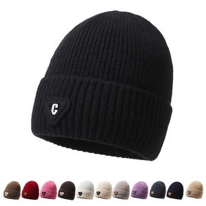 Winter Knitted Beanie Hat Ribbed Fleece Lined Warm Thermal Cap Outdoor Fashion Unisex C-Letter Patch Stretchy