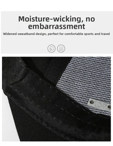 Detailed macro view of the black baseball cap showing the breathable white mesh and sweatband