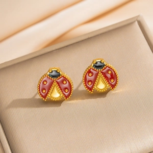 18k gold plated ladybug stud earrings with red enamel wings and black accents for women