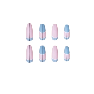 Matte long coffin press on nails with pink and blue geometric color block designs