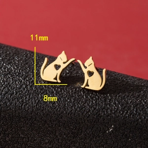Cute gold stainless steel cat stud earrings with hollow heart design 11mm height