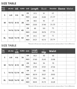 Detailed size chart for women's short sleeve T-shirt and straight-leg trousers two-piece set