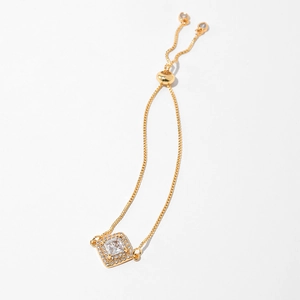 Detail of gold-plated adjustable bracelet featuring square double-layer zircon pave setting