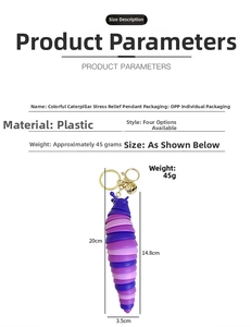 Detail of colorful gradient purple slug keychain with dimensions and metal clip