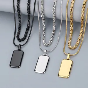 Men's Minimalist Double Layer Stainless Steel Dog Tag Pendant Necklace Gold Plated Rectangle Brick Square Necklaces Jewelry