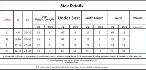 Detailed size chart for lace lingerie set including US/EU sizes and specific measurements