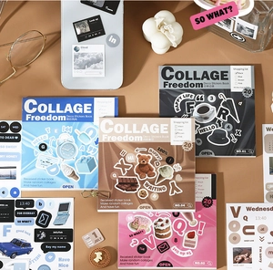 Flat lay of vintage deco sticker books with 20 pieces for DIY scrapbooking and journal