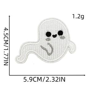 Ghost embroidered Halloween patch with white embroidery texture and size dimensions