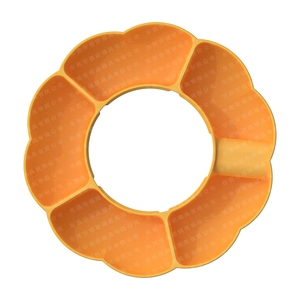 Macro detail of a bright yellow silicone snack platter with 5 separate compartments