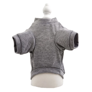 Detailed close-up of the grey knitted pet T-shirt texture on a professional white mannequin