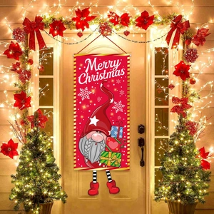 Vertical Merry Christmas porch banner with festive gnome and gift box decor on red background