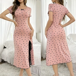 Women Ribbed Heart Print Nightshirt Short Sleeve Loungewear Dress Side Slit Lace Trim Bow Detail Nightgown Pajamas