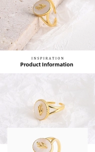 Macro detail of French vintage gold tulip ring with white oval shell and floral relief
