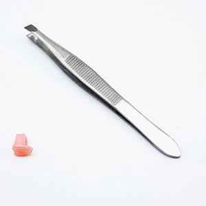 Professional stainless steel eyelash tweezers with pink protective cap on white background