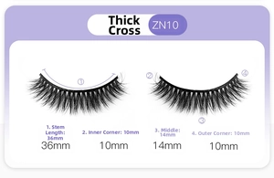 Size guide for ZN10 false eyelashes showing 36mm band length and 14mm hair length details