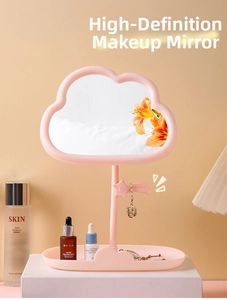 Pink cloud-shaped makeup mirror with star jewelry hooks and storage base tray