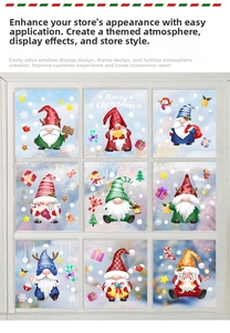 Détails de neuf autocollants de gnomes de Noël pour fenêtres avec flocons et cadeaux