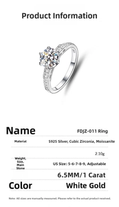 Detail showing 6-prong setting with 1 carat moissanite and S925 silver stamp on ring