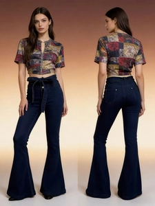 Front and back view of high-waist flare jeans with lace-up belt and crop top