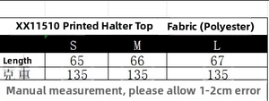 Detaillierte Größentabelle für Neckholder-Top mit Blumenmuster und Maßen in cm