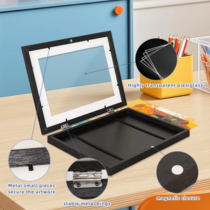 Detail of black wood A4 art frame with magnetic closure and durable metal hinges