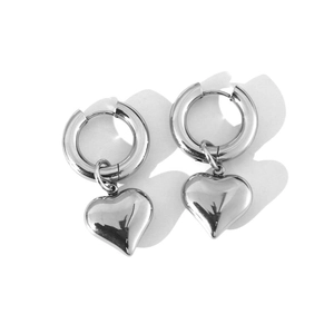 Polished silver stainless steel hoop earrings with detachable 3D heart-shaped pendants