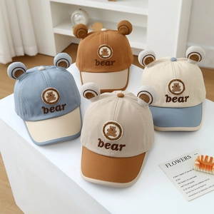 Cute baby baseball cap with plush bear ears and embroidery, four color-block options