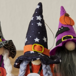 Halloween gnome dolls with pumpkin and bat hats, festive plush ornaments for home decor