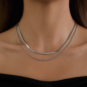 Minimalist double-layered stainless steel necklace featuring snake and rope chain designs