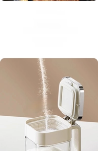 Detail of white seasoning jar with 74mm wide mouth for easy cleaning and refilling