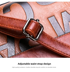 Macro view of brown vintage leather bag showing adjustable buckle and stitching details